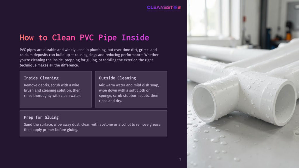 1 How To Clean Pvc Pipe Inside Close-Up Of White Pvc Pipes And Fittings With Water Droplets, Suggesting A Cleaning Or Plumbing Context. Text Overlay Reads &Quot;How To Clean Pvc Pipe Inside&Quot;.