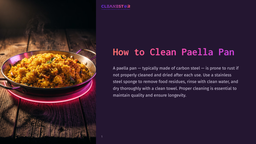 A Steaming, Golden Paella Fills A Round, Shallow Carbon Steel Pan, Resting On A Dark Wooden Surface With A Vibrant Pink Glowing Base. The Text &Quot;Cleanestor&Quot; Is Visible At The Top.