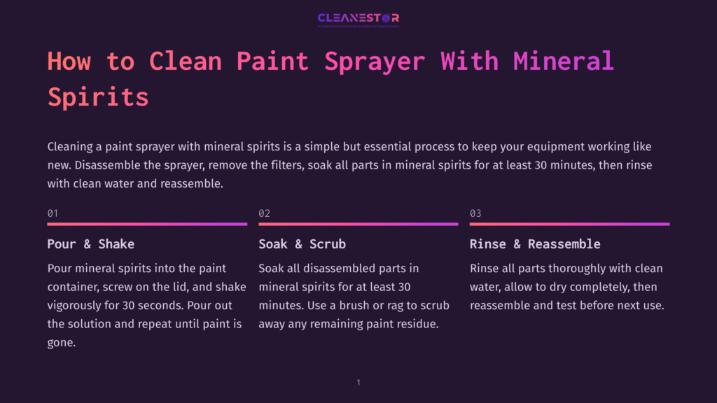 1 How To Clean Paint Sprayer With Mineral Spirits Infographic Titled &Quot;How To Clean Paint Sprayer With Mineral Spirits&Quot; With Three Steps: Pour &Amp; Shake, Soak &Amp; Scrub, And Rinse &Amp; Reassemble, Detailing The Paint Sprayer Cleaning Process.