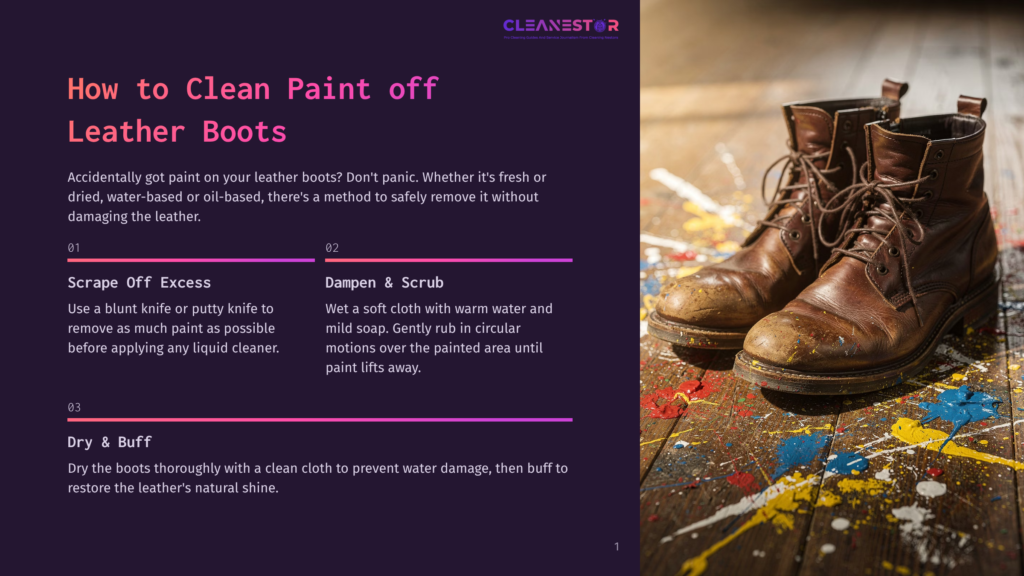 Brown Leather Boots Splashed With Colorful Paint, With Instructions On How To Clean Paint Off Leather Boots Overlayed On The Left.