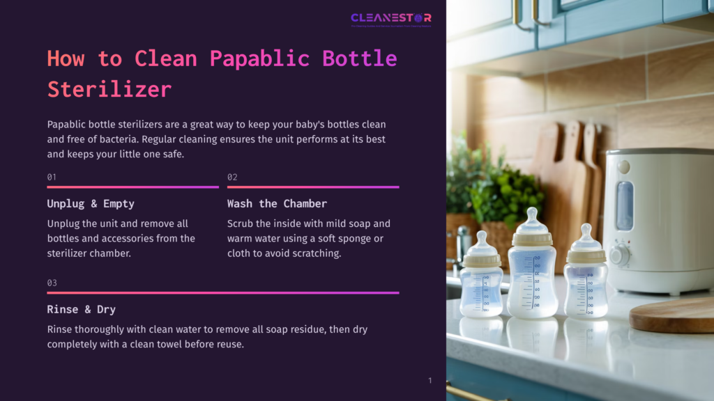 A White Baby Bottle Sterilizer Sits On A Kitchen Counter Next To Several Baby Bottles. The Sterilizer Has A Beige Lid And A White Base. The Baby Bottles Are Clear And Have Blue And White Caps. The Kitchen Counter Is White And The Backsplash Is A Light Blue.