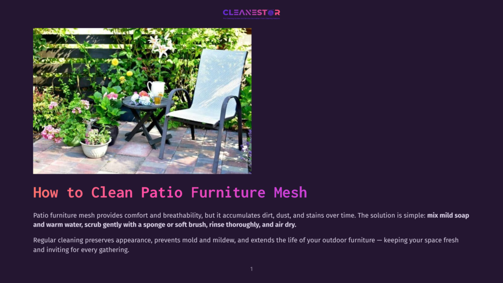 1 How To Clean Patio Furniture Mesh A White Patio Chair Sits On A Stone Patio Next To A Small Table With A Pitcher And Flowers, Surrounded By Lush Greenery.