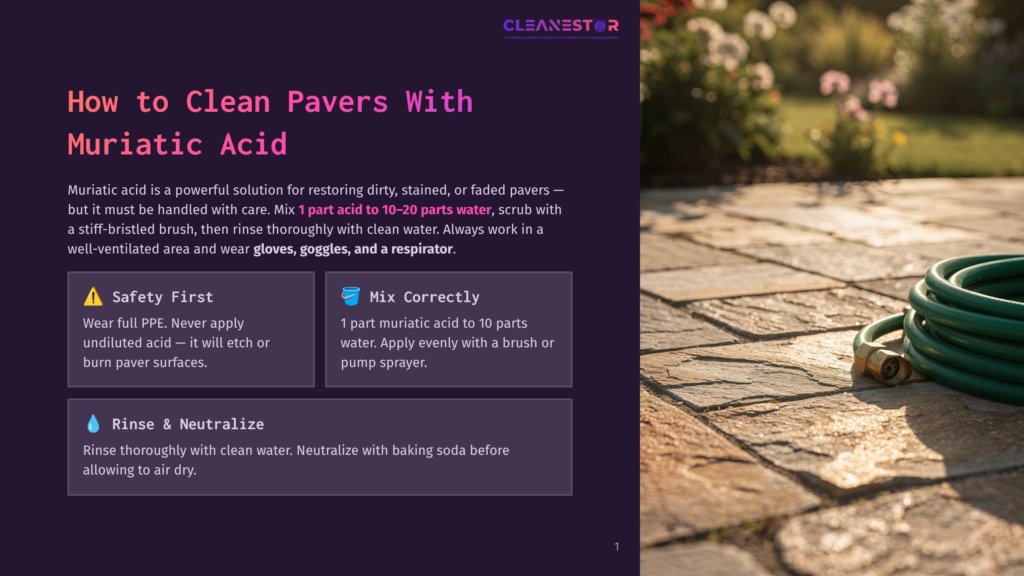A Green Garden Hose Lies Coiled On A Sun-Drenched Stone Patio, Next To A Purple And White Graphic With The Title &Quot;How To Clean Pavers With Muriatic Acid&Quot; And Instructions.