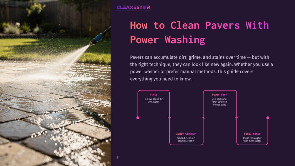 Power Washing A Stone Paver Patio, With Water Spraying From A Wand To Remove Dirt And Grime. The Text &Quot;How To Clean Pavers With Power Washing&Quot; Is Visible.