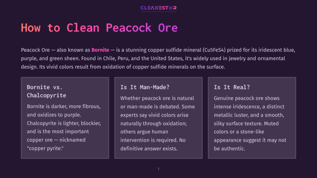 1 How To Clean Peacock Ore Three Text Boxes With Contrasting Colors Displaying Information About Peacock Ore, Its Comparison With Bornite And Chalcopyrite, And Its Authenticity.