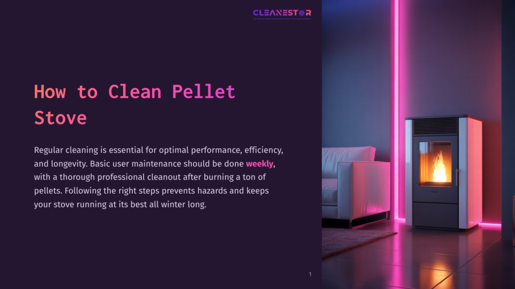 Cleanestor Logo And &Quot;How To Clean Pellet Stove&Quot; Text On A Dark Background, With A Modern Pellet Stove Glowing With Fire Next To A White Sofa.