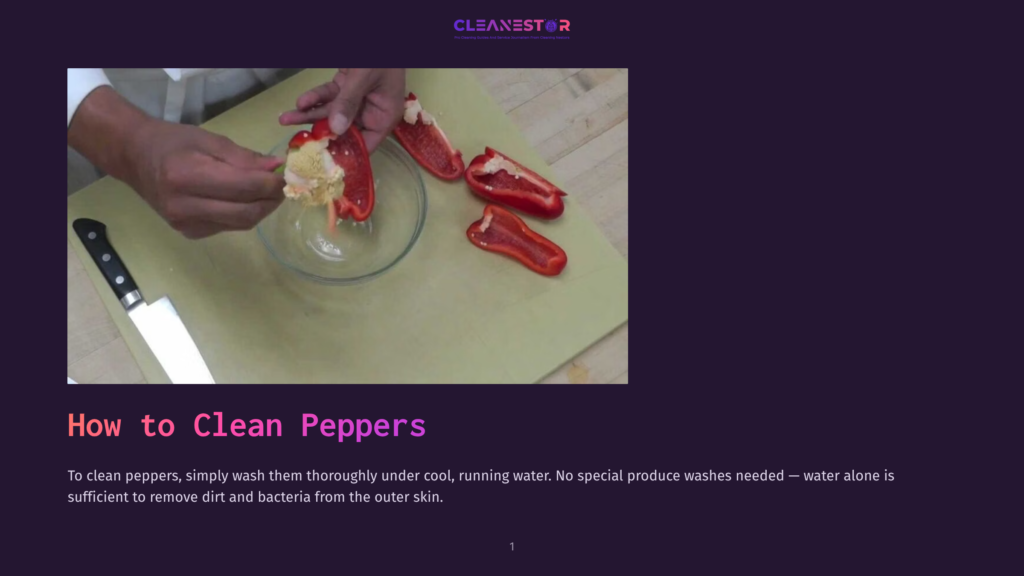 Hands Carefully Clean A Red Bell Pepper, Removing Seeds And Membranes Over A Glass Bowl, With A Knife On The Side. The Text &Quot;How To Clean Peppers&Quot; Is Visible.