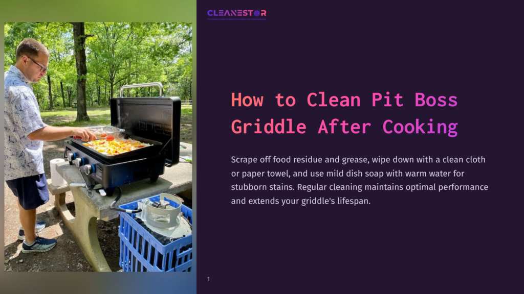 A Man In A Blue Patterned Shirt Cooks On A Black Pit Boss Griddle Outdoors, With A Wooded Area In The Background. The Text &Quot;Cleanestor&Quot; Is Visible At The Top.