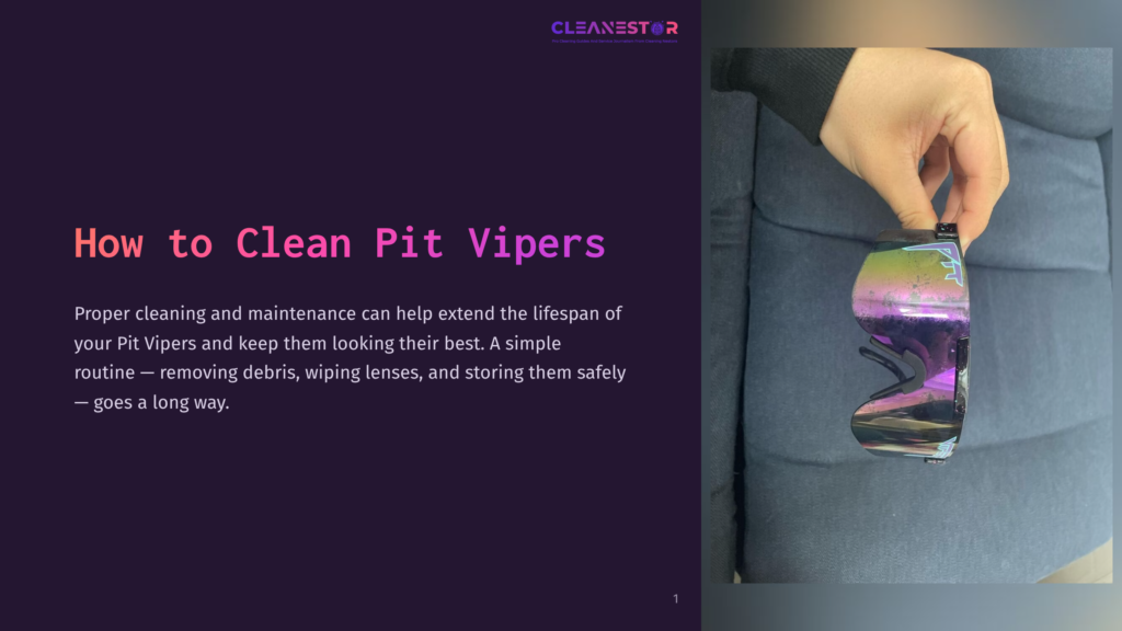 A Hand Holds Up A Pair Of Brightly Colored, Iridescent Sunglasses, Reflecting The Purple And Blue Hues Of The Text &Quot;How To Clean Pit Vipers&Quot; On The Left Side Of The Image.