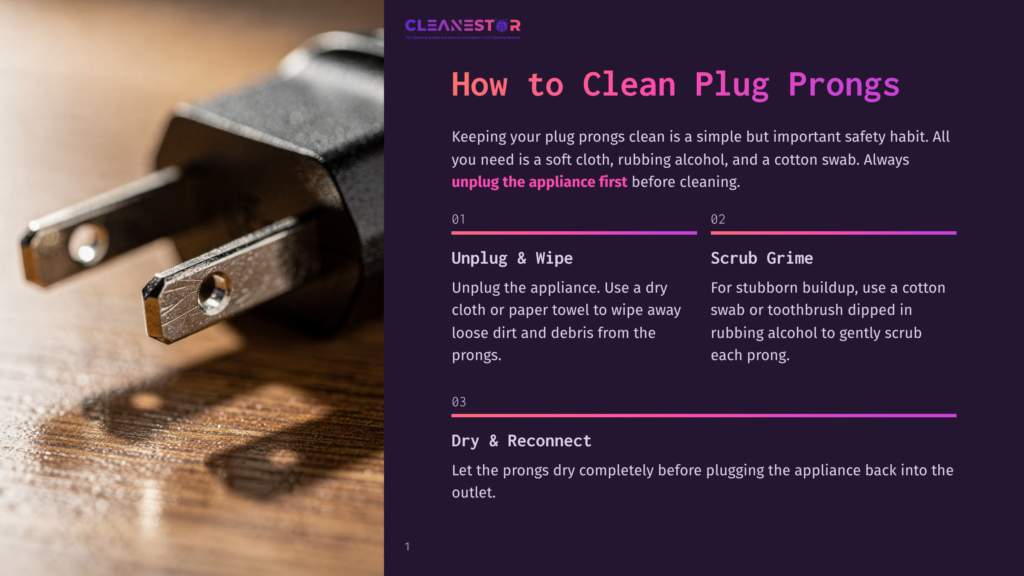 Close-Up Of A Black Electrical Plug With Two Metal Prongs On A Wooden Surface, With The Text &Quot;How To Clean Plug Prongs&Quot; And Cleaning Instructions Visible.
