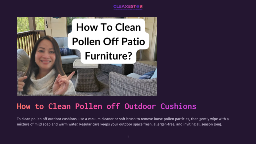 A Smiling Woman With Dark Hair Points To The Text &Quot;How To Clean Pollen Off Patio Furniture?&Quot; On A Screen, With Outdoor Patio Furniture And Cushions Visible In The Background.