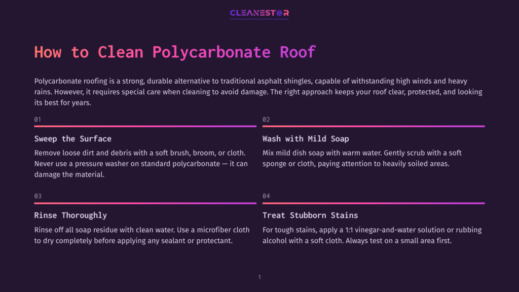 Infographic Detailing How To Clean A Polycarbonate Roof, Featuring Steps Like &Quot;Sweep The Surface&Quot; And &Quot;Wash With Mild Soap&Quot; With Purple And Pink Accent Lines.
