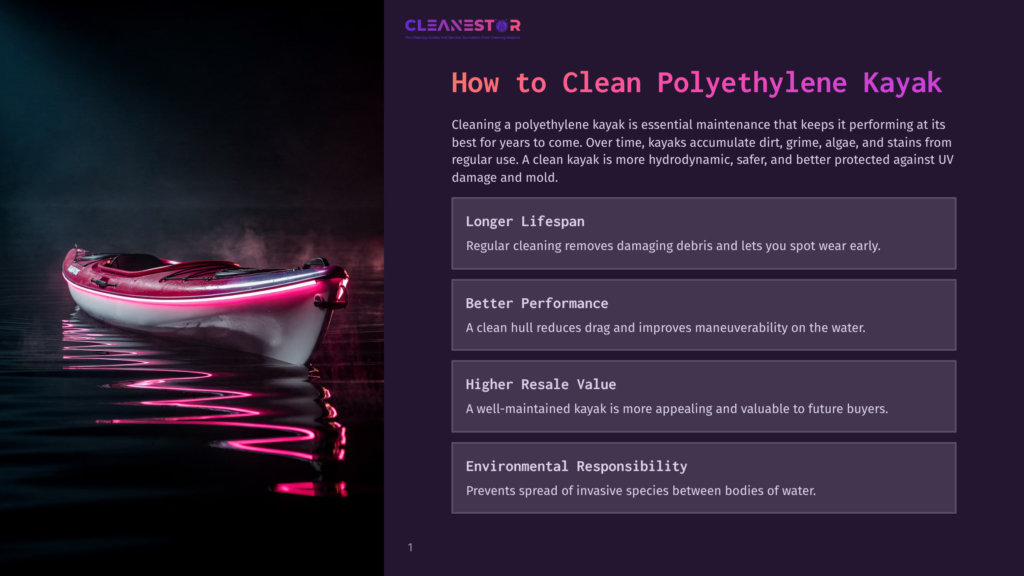 1 How To Clean Polyethylene Kayak A Sleek, White And Pink Polyethylene Kayak Rests On Dark, Reflective Water, Illuminated By Neon Pink And Blue Lights. The Cleanestor Logo And &Quot;How To Clean Polyethylene Kayak&Quot; Text Are Visible.