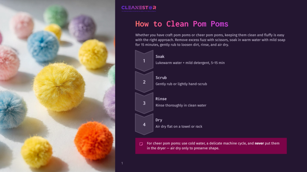 Close-Up Of Fluffy, Colorful Pom Poms In Shades Of Pink, Yellow, Blue, And Orange Scattered On A White Surface. The Text &Quot;Cleanestor How To Clean Pom Poms&Quot; Is Visible.
