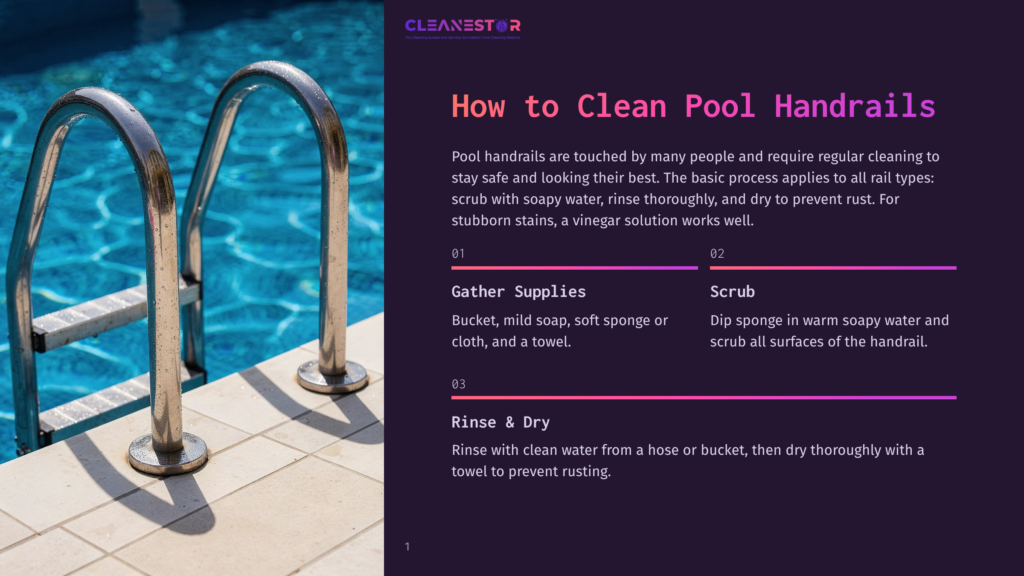 Shiny Stainless Steel Pool Handrails Curve Out Of Clear Blue Water, With A White Tiled Pool Deck In The Foreground. Text On The Right Side Of The Image Reads &Quot;How To Clean Pool Handrails.