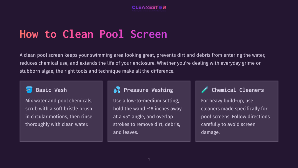 A Graphic Titled &Quot;How To Clean Pool Screen&Quot; With Three Sections: Basic Wash, Pressure Washing, And Chemical Cleaners, Detailing Pool Screen Maintenance.