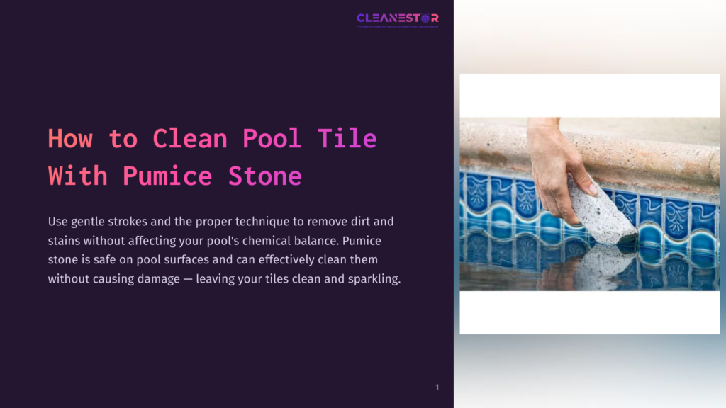 A Hand Holds A Pumice Stone, Scrubbing The Blue Tiled Edge Of A Swimming Pool To Remove Dirt And Stains, Demonstrating How To Clean Pool Tile.