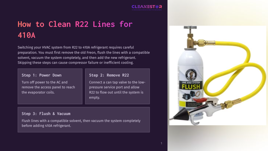 A Can Of Cleanestor R134A Flush With A Yellow Hose And A Brass Fitting, Ready To Clean R22 Lines For R410A Refrigerant Conversion.