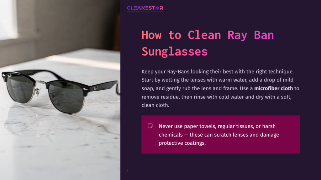 Classic Ray-Ban Sunglasses With Black Frames And Silver Accents Rest On A Marble Countertop, With The &Quot;Cleanestor&Quot; Logo Visible In The Background.