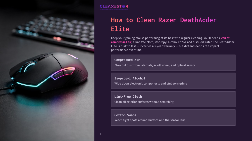 1 How To Clean Razer Deathadder Elite Razer Deathadder Elite Gaming Mouse With Rgb Lighting Sits On A Dark Surface Next To A Keyboard. Text Overlay Reads &Quot;How To Clean Razer Deathadder Elite&Quot; And Lists Cleaning Supplies.