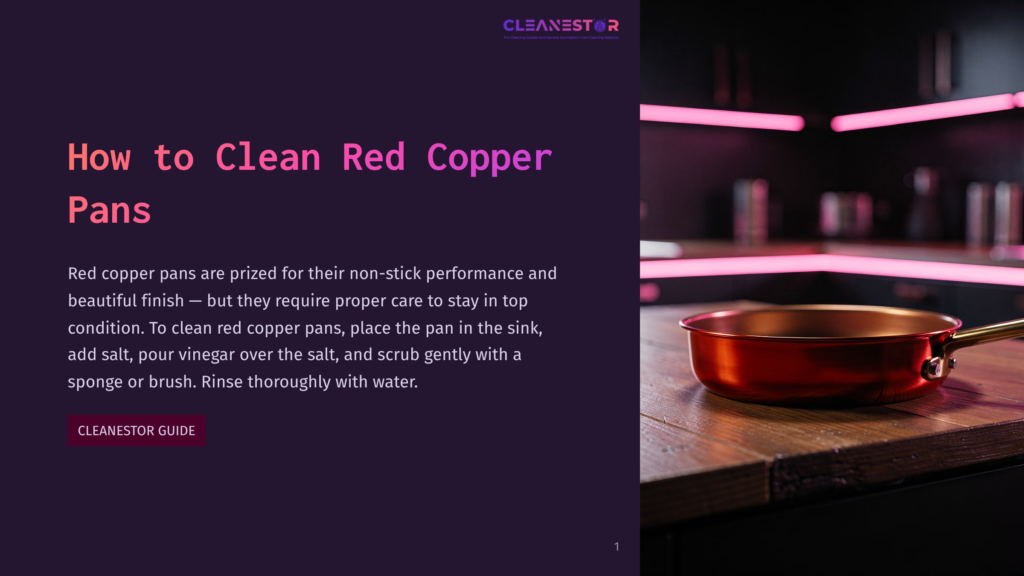 A Copper Pan Sits On A Wooden Counter, Illuminated By Pink Lights, Next To A Sink With The Text &Quot;How To Clean Red Copper Pans&Quot; Displayed Above It.
