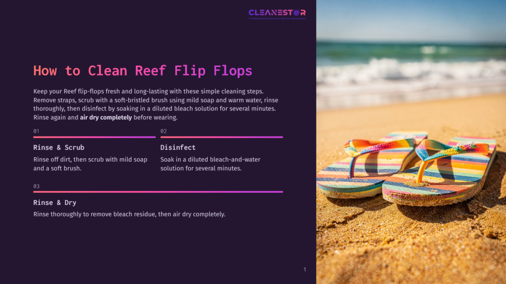 Colorful Striped Reef Flip Flops Rest On A Sandy Beach With The Ocean Waves In The Background, Illustrating How To Clean Flip Flops.