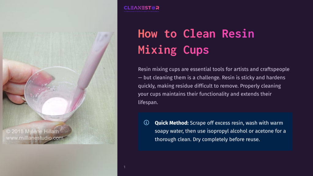 1 How To Clean Resin Mixing Cups Close-Up Of A Hand Holding A Clear Resin Mixing Cup, Stirring Pink Resin With A Pink Stirring Stick. Text Overlay Reads &Quot;Cleanestor&Quot; And &Quot;How To Clean Resin Mixing Cups&Quot;.
