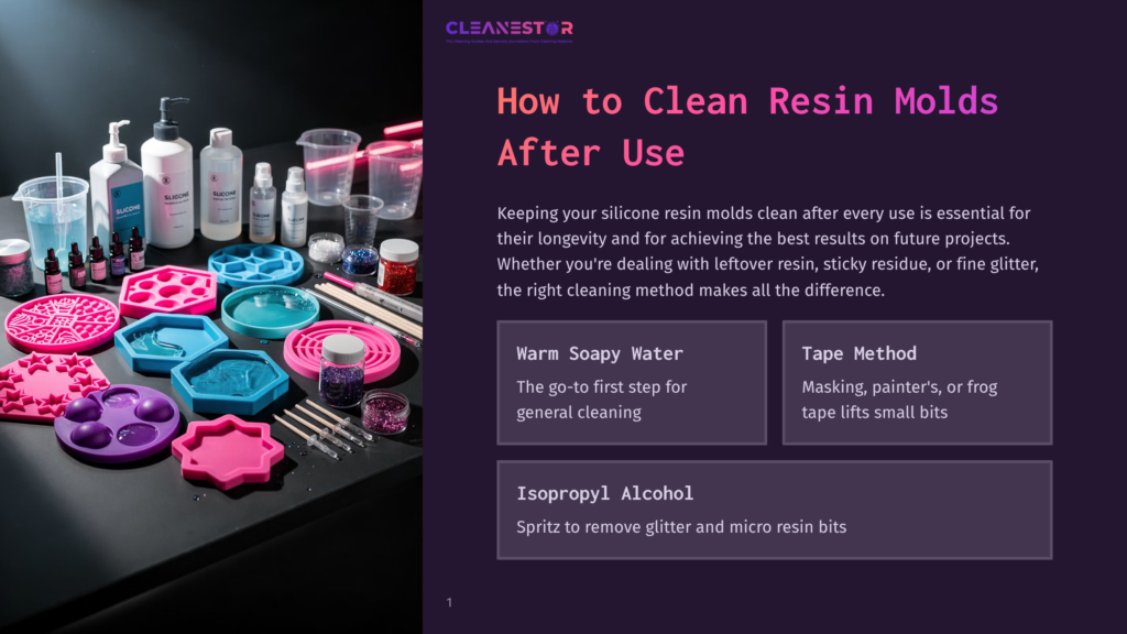 A Collection Of Colorful Silicone Resin Molds, Bottles Of Resin Cleaner, And Glitter Are Arranged On A Dark Surface, Ready For Cleaning.