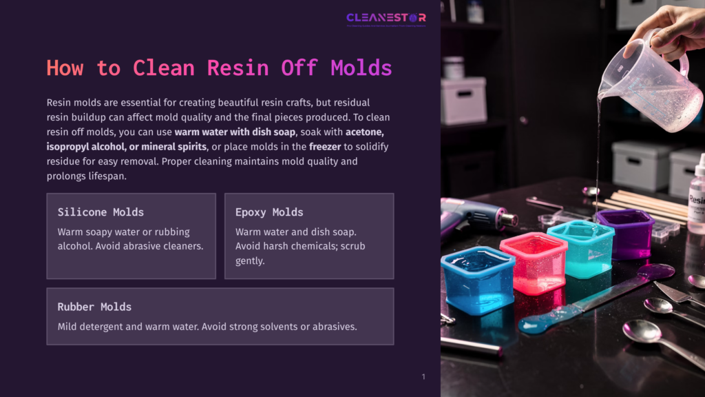 Close-Up Of Colorful Silicone Resin Molds (Blue, Pink, Teal) On A Workbench Next To Resin Art Tools And A Bottle Of Resin. A Hand Pours Clear Liquid From A Measuring Cup Into A Mold.