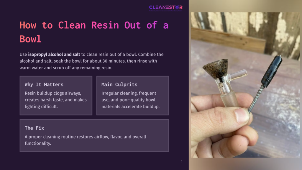 A Hand Holds A Dirty Glass Bowl And Downstem, Covered In Dark, Sticky Resin, Ready For Cleaning. The Background Is Blurred.