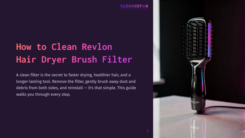 Close-Up Of A Black Revlon One-Step Hair Dryer Brush With A Purple Light Glowing From The Bristles, Resting On A Reflective Surface. The Text &Quot;How To Clean Revlon Hair Dryer Brush Filter&Quot; Is Visible On The Left.