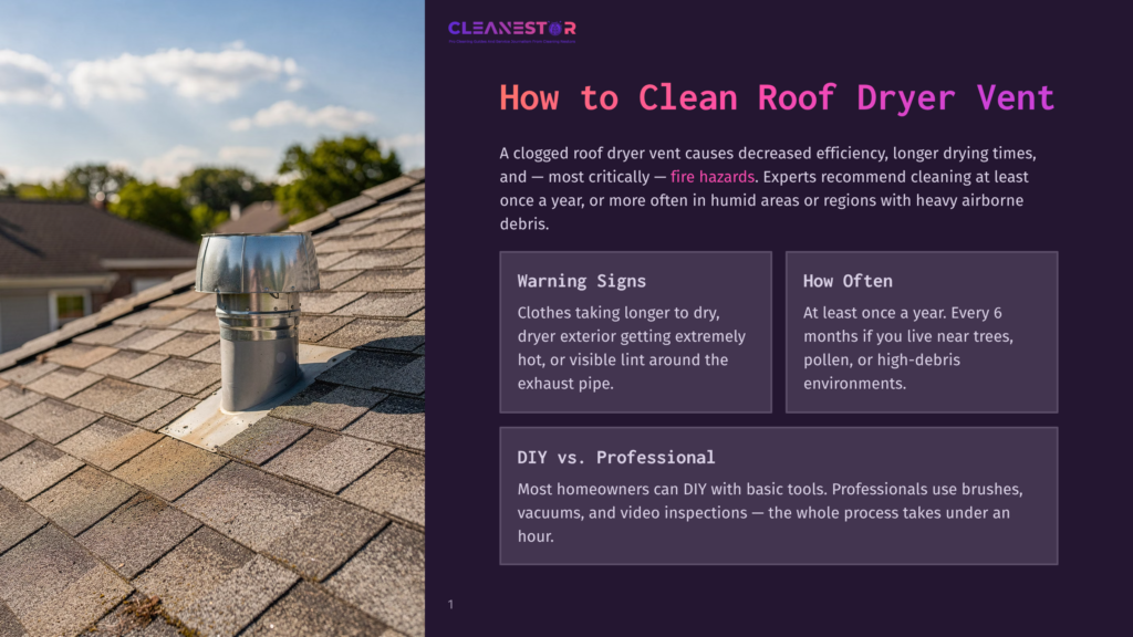 A Metal Roof Vent On A Shingled Roof, With Text Overlay &Quot;How To Clean Roof Dryer Vent&Quot; And Information About Dryer Vent Cleaning.