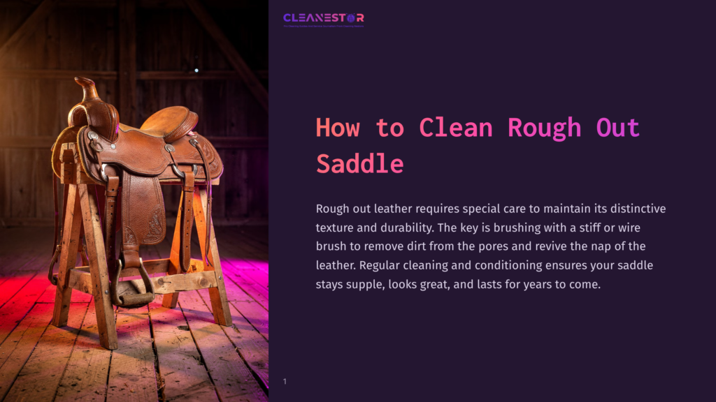 A Vintage Rough Out Leather Saddle Sits On A Wooden Stand In A Rustic Barn, Illuminated By Dramatic Red And Pink Lighting. Text Reads: &Quot;Cleanestor. How To Clean Rough Out Saddle.