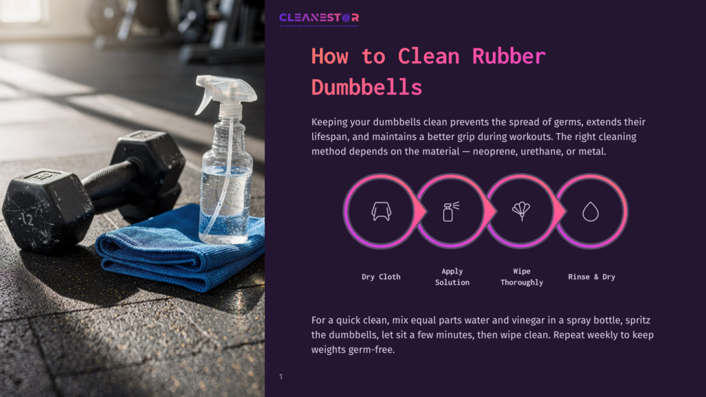 1 How To Clean Rubber Dumbbells An Image Demonstrating How To Clean Rubber Dumbbells. A Spray Bottle Filled With A Cleaning Solution Sits Next To A Blue Towel And A Black Dumbbell On A Gym Floor.
