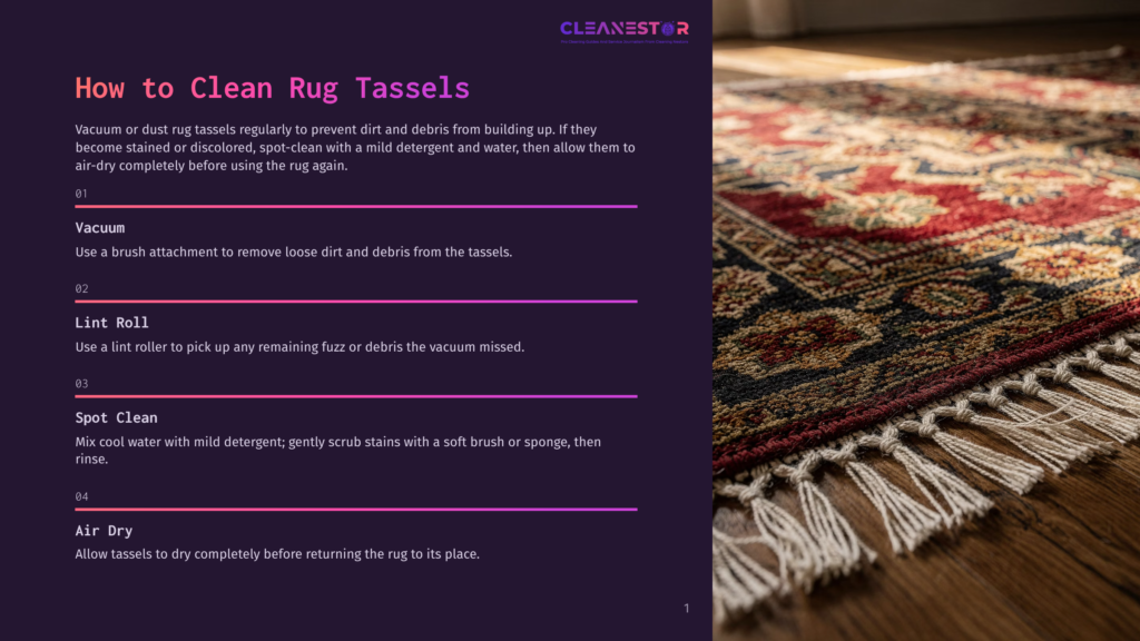 Close-Up Of An Intricately Patterned Rug With Loose Tassels On A Wooden Floor, Instructions On How To Clean Rug Tassels Overlaying The Image.