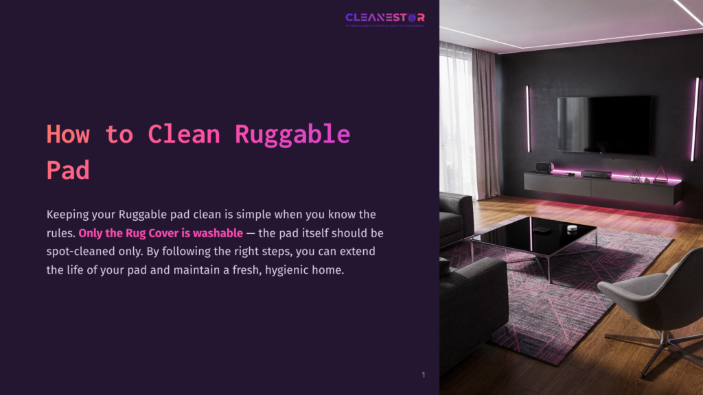 A Modern Living Room With A Dark Wall, A Large Tv, And Neon Pink Lighting. A Stylish Rug With A Geometric Pattern Is On The Floor In Front Of A Black Glass Coffee Table And Grey Sofas. Text Overlay: &Quot;How To Clean Ruggable Pad&Quot; And &Quot;Cleanestor&Quot;.