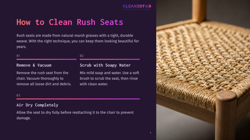 A Close-Up Of A Rustic Wooden Rush Seat With A Woven Texture, Sitting On A Chair Against A Neutral Background, With A Text Overlay Displaying Instructions On Cleaning Rush Seats.