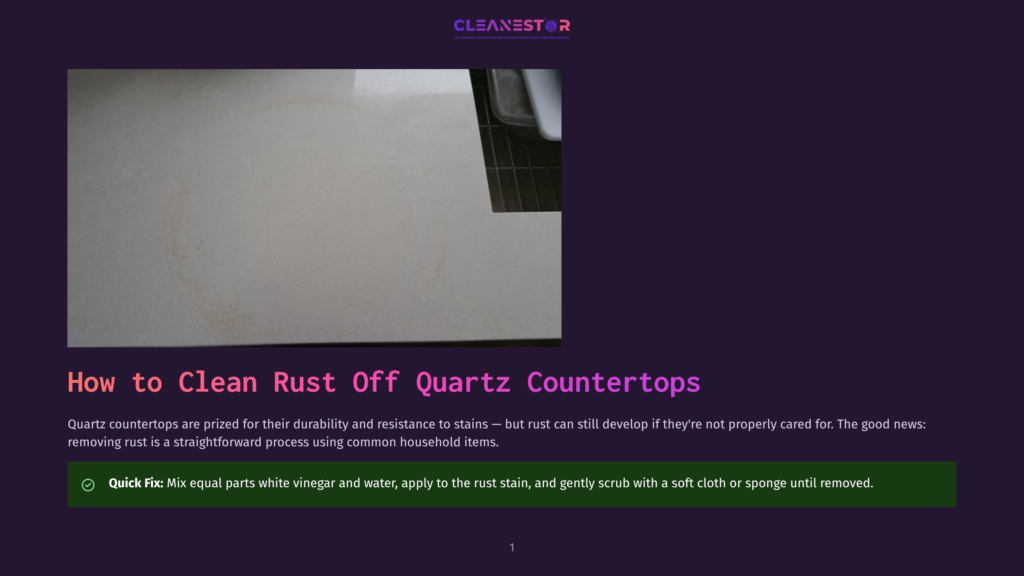 Close-Up Of A Light-Colored Quartz Countertop With A Prominent Rust Stain, Showing The Need For Cleaning Rust Off Quartz.