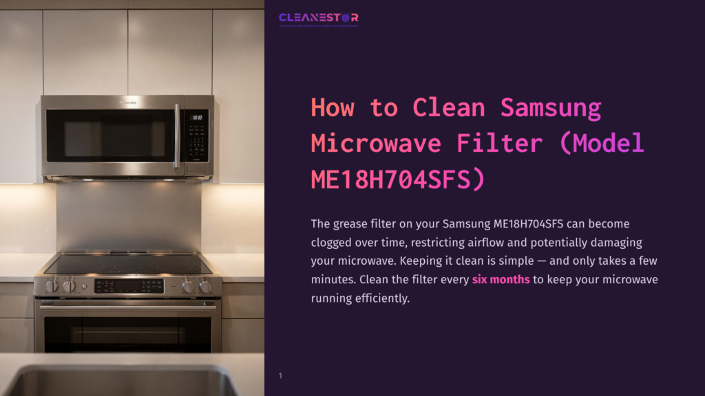 Close-Up Of A Modern Stainless Steel Samsung Microwave Oven And Electric Stovetop, With The Text &Quot;Cleanestor&Quot; And &Quot;How To Clean Samsung Microwave Filter (Model Me18H704Sfs)&Quot; Visible On The Right.