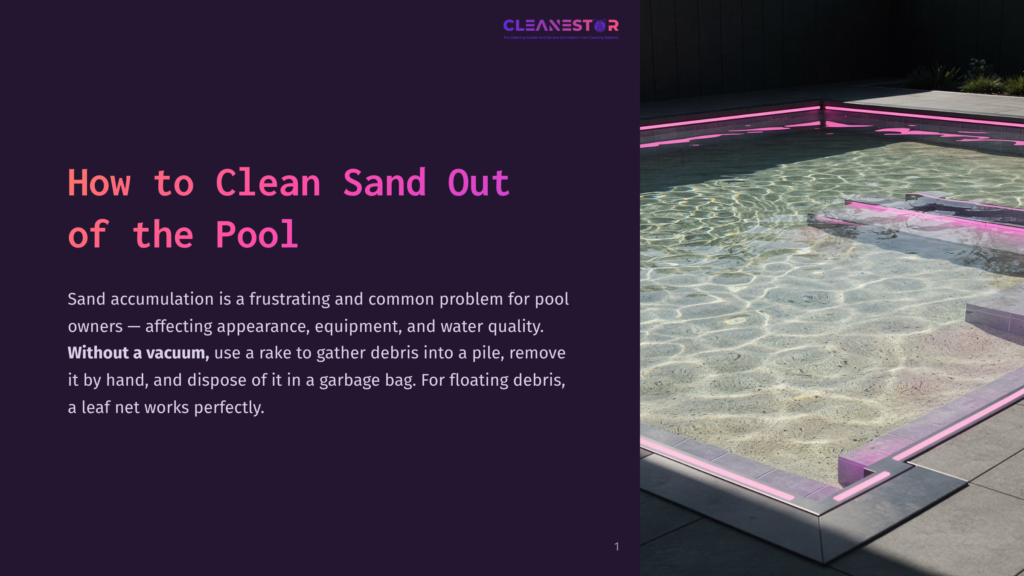1 How To Clean Sand Out Of The Pool A Modern Swimming Pool With Pink Led Lighting, Clean Pool Water, And A Sandy Bottom. The Text &Quot;Cleanestor&Quot; Is Visible At The Top, Along With The Title &Quot;How To Clean Sand Out Of The Pool.