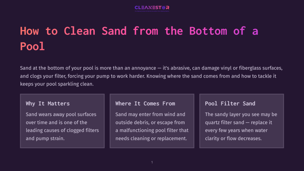 Graphic With Text &Quot;Cleanestor&Quot; And &Quot;How To Clean Sand From The Bottom Of A Pool&Quot;. Below, Three Panels Detail Why Sand Matters, Where It Comes From, And Pool Filter Sand.