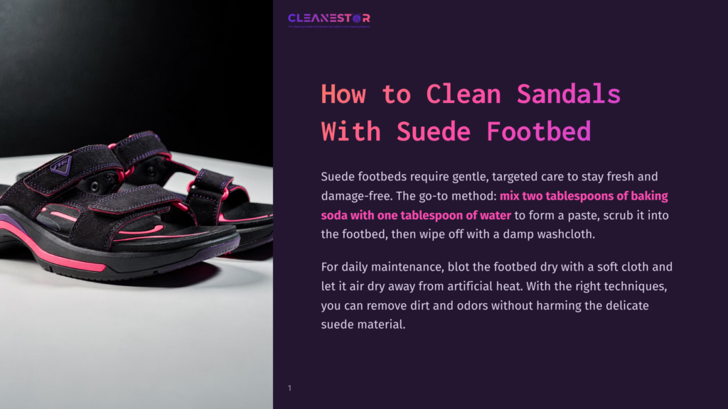 Two Black Sandals With Pink Accents Sit On A White Surface, Demonstrating The Correct Way To Clean Suede Footbeds. A Text Overlay Provides Instructions On How To Mix Baking Soda And Water To Form A Paste For Cleaning.
