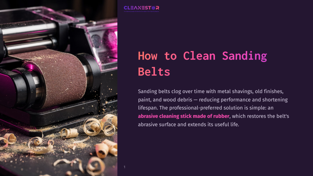 Close-Up Of A Sanding Belt On A Sanding Machine, Covered In Wood Shavings And Dust. Text Overlay Reads &Quot;Cleanestor&Quot; And &Quot;How To Clean Sanding Belts&Quot;.