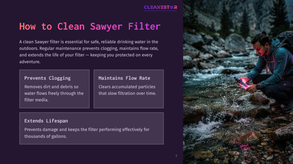 A Man Kneels Beside A Clear Mountain Stream, Holding A Sawyer Filter In His Hand, Likely Demonstrating Its Use In A Natural Outdoor Setting.