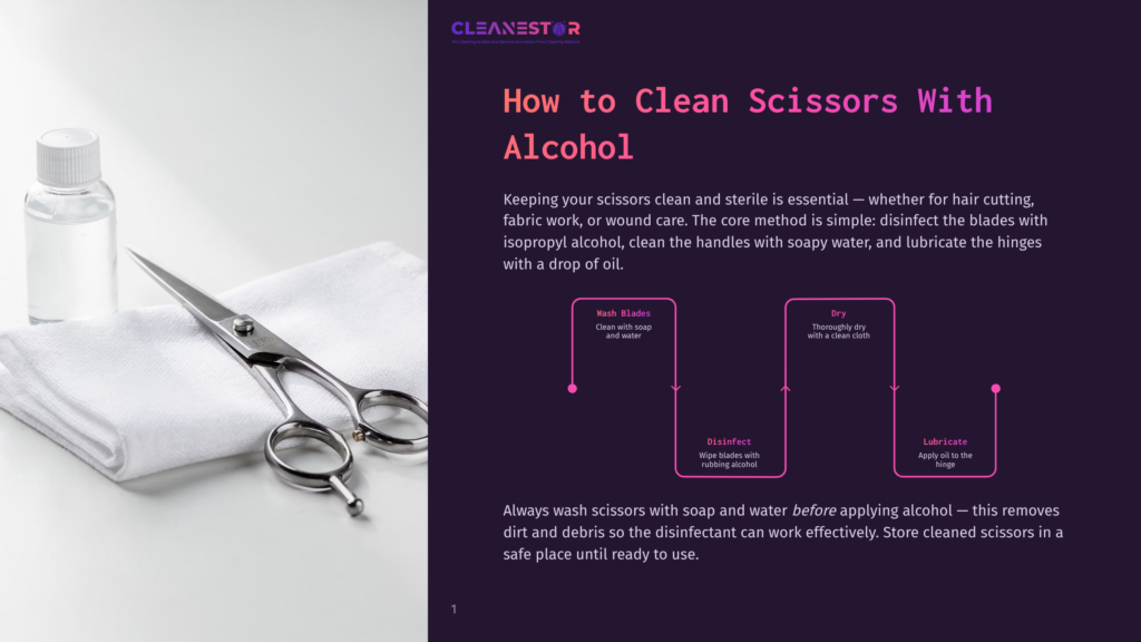 A Pair Of Professional Hair Cutting Scissors Rests On A Clean White Towel Next To A Bottle Of Clear Liquid, Possibly Rubbing Alcohol, On A White Surface. The Image Is Part Of A Guide On How To Clean Scissors With Alcohol.