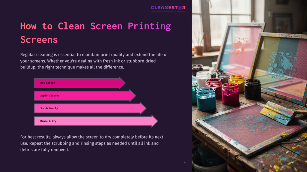 A Graphic Displays Steps For Cleaning Screen Printing Screens: Wet Screen, Apply Cleaner, Scrub Gently, Rinse &Amp; Dry, With Colorful Ink Pots In The Background.