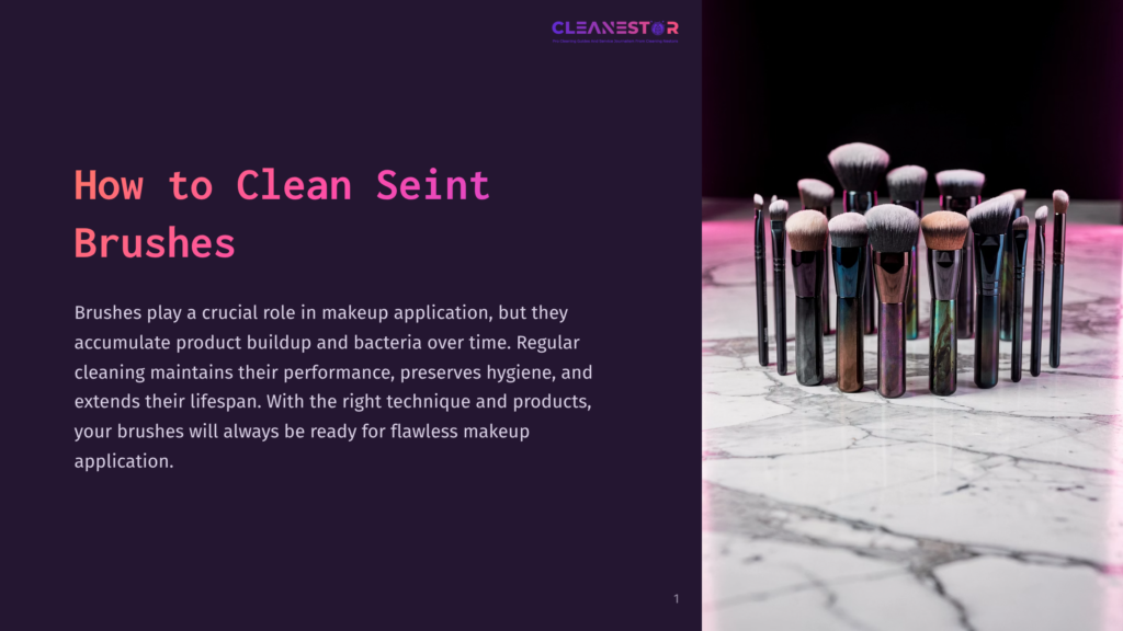 A Collection Of Clean Makeup Brushes With Wooden Handles And Soft Bristles Stand Upright On A Marble Surface, Ready For Use. The Image Is From A Guide On How To Clean Seint Brushes.