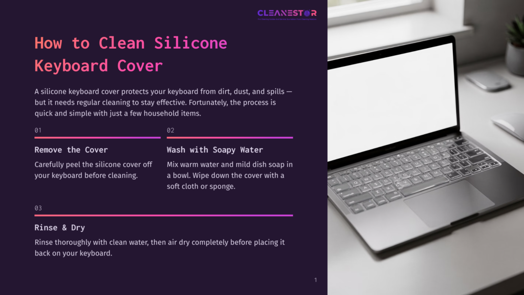 A Laptop With A Silicone Keyboard Cover Sits On A Desk, With Text Overlay On The Left Detailing &Quot;How To Clean Silicone Keyboard Cover&Quot; With Steps Like &Quot;Remove The Cover,&Quot; &Quot;Wash With Soapy Water,&Quot; And &Quot;Rinse &Amp; Dry.