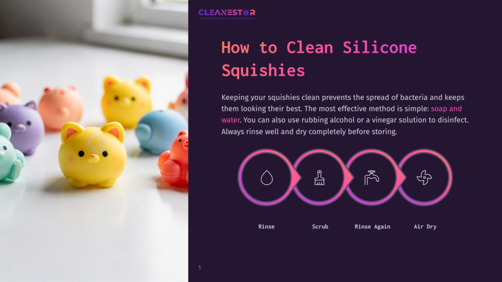 A Collection Of Colorful Silicone Squishy Toys, Including Yellow Cat And Purple Bear Shapes, Are Arranged On A White Surface. The Image Is Part Of A Guide On &Quot;How To Clean Silicone Squishies,&Quot; Featuring Cleaning Steps.