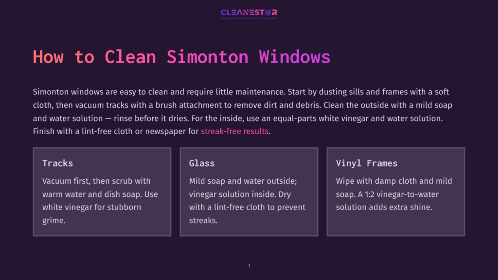 Cleanestor Logo Above Text: &Quot;How To Clean Simonton Windows.&Quot; Sections Detail Cleaning Tracks, Glass, And Vinyl Frames For Simonton Windows.